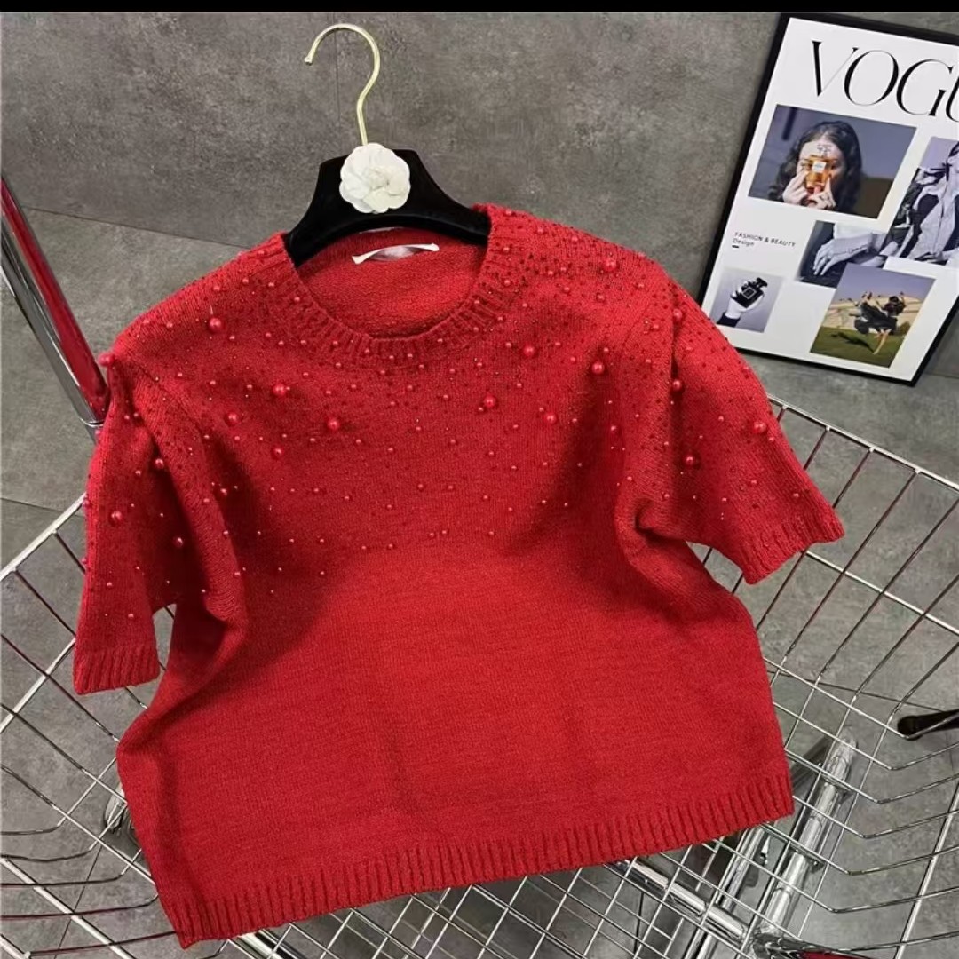 欧美时尚（圆领）珠珠半袖毛衫