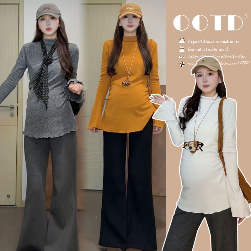 新款孕妇装2025秋冬喇叭袖立领磨毛高腰显瘦休闲别致针织打底上衣