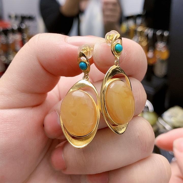 琥珀裸石银S925镶嵌耳坠