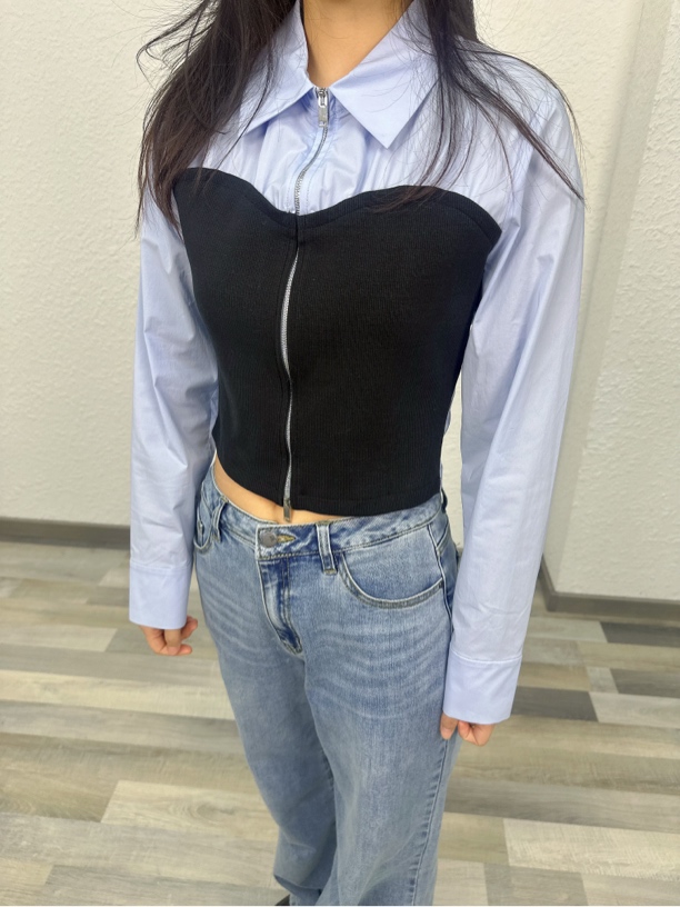 E家长袖拼接设计感小众法式温柔女衬衫