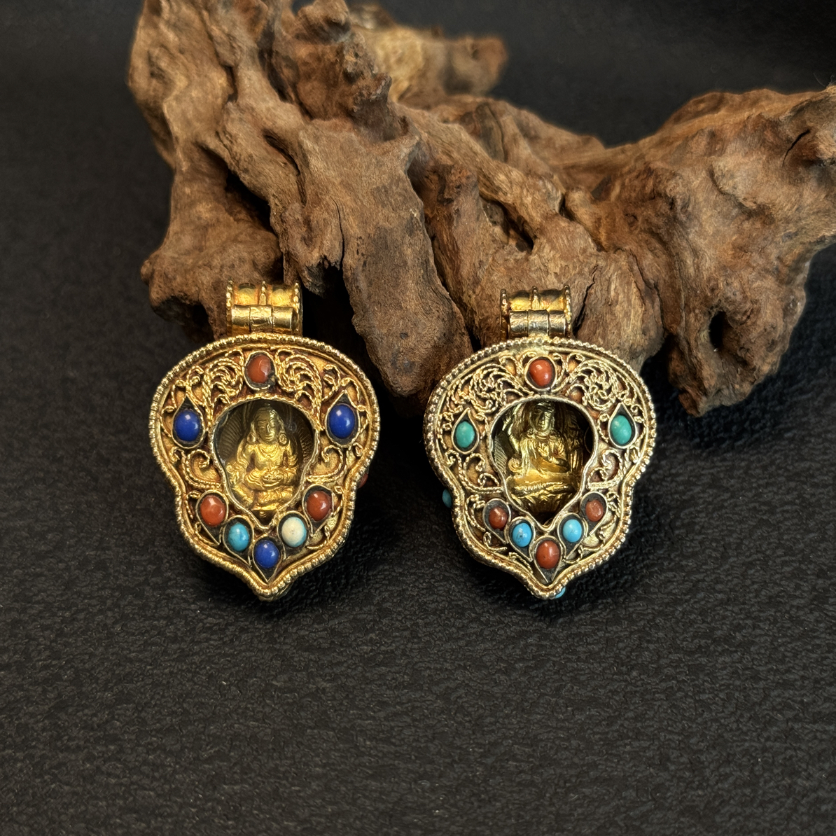 纯手工制作绘画文殊黄财释加嘎乌盒子吊坠925银鎏金