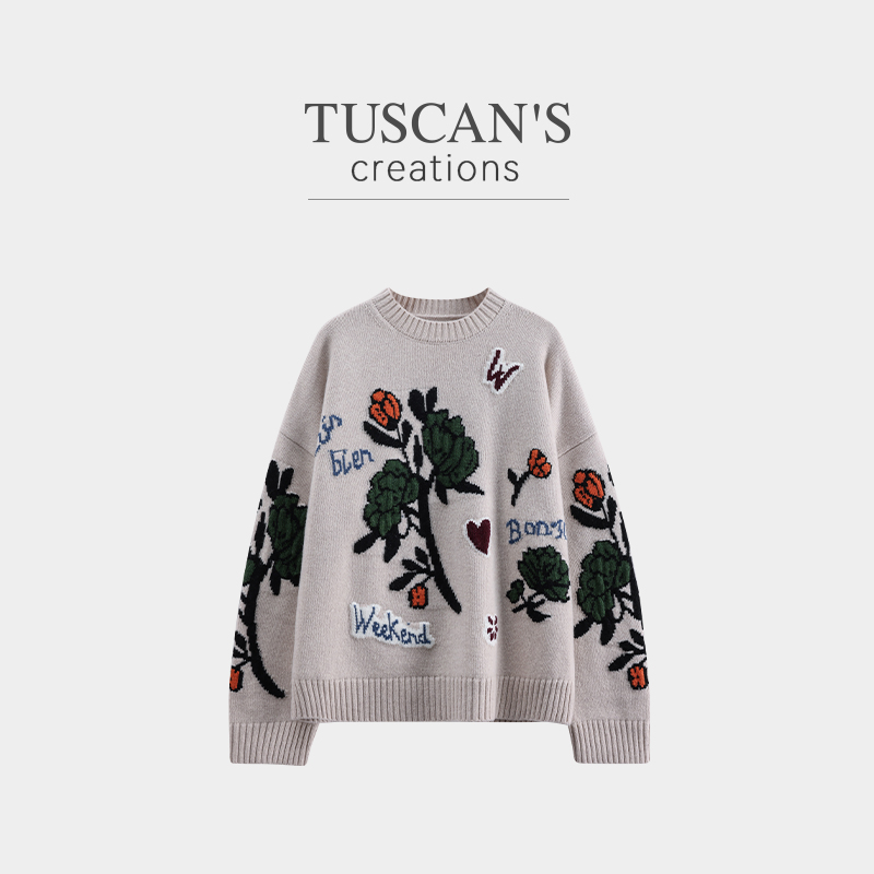 TUSCAN'S CREATIONS纯羊毛圆领针织秋季常规款薄款绣花针织衫毛衣