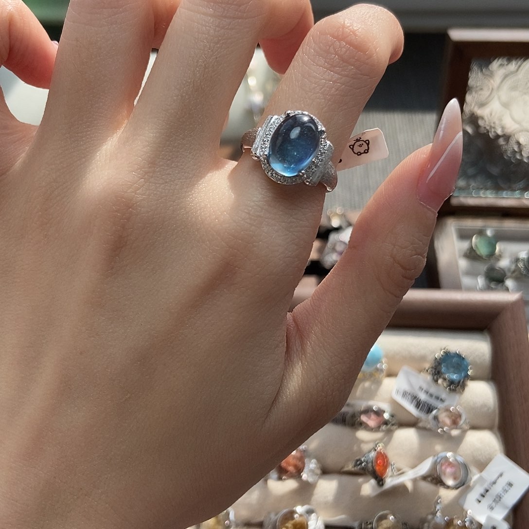 水晶戒指银S925镶嵌海蓝