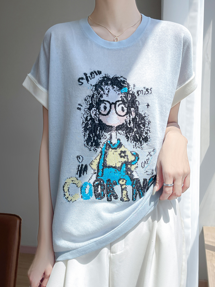 竹节麻圆领提花小女孩针织短袖