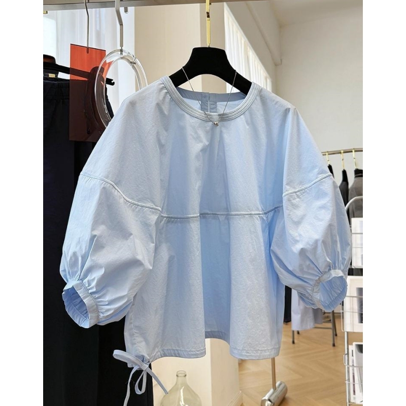 P0143高级感洋气灯笼袖七分袖圆领衬衫女夏宽松时尚小衫法式上衣