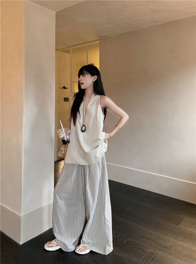 2025宽松背心挂脖法式背心条纹设计感阔腿显瘦长裤 8009#