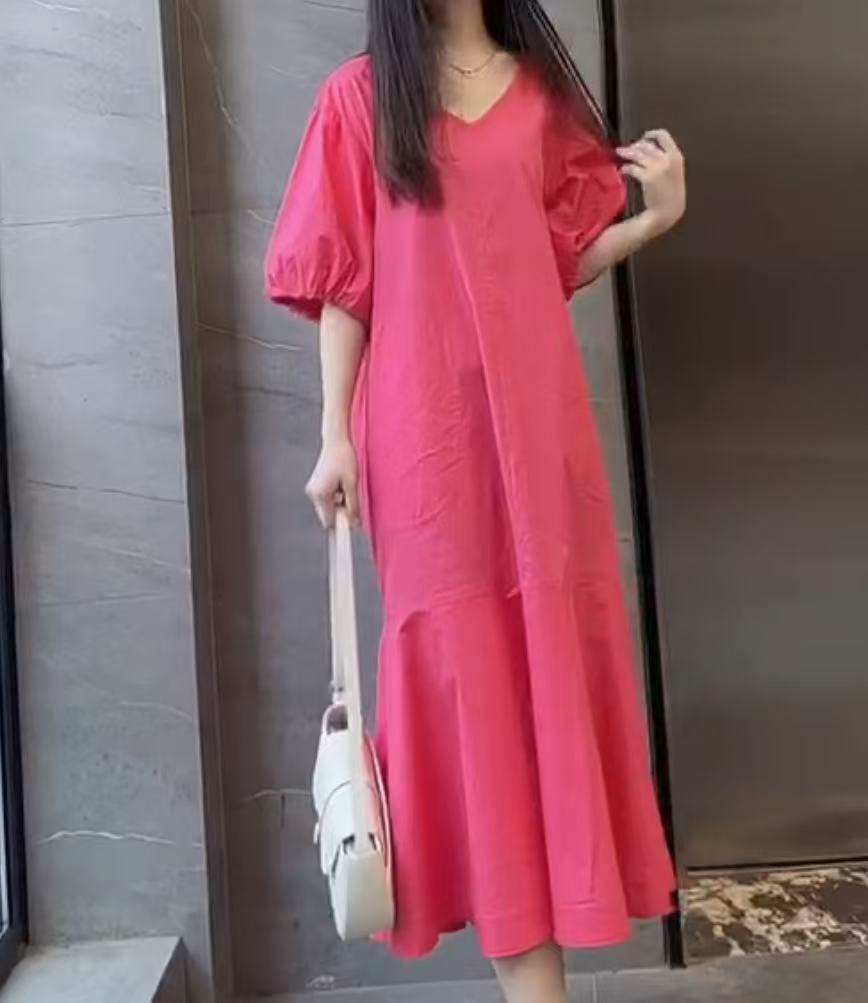  SENBIYAO森比垚 5239#V领显瘦纯色女装大摆裙灯笼袖连衣裙