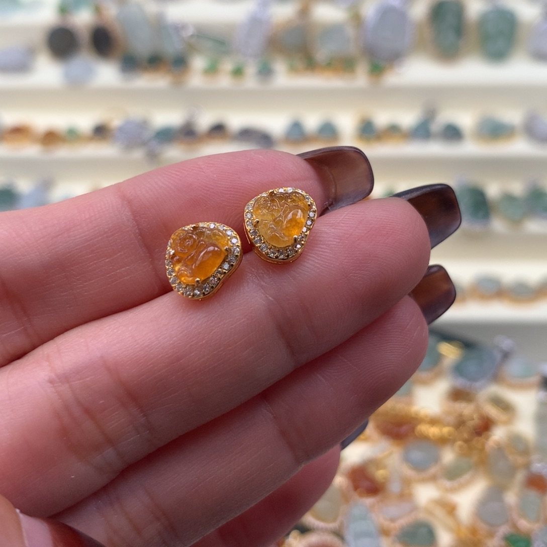 翡翠银S925镶嵌颈饰佛公耳钉