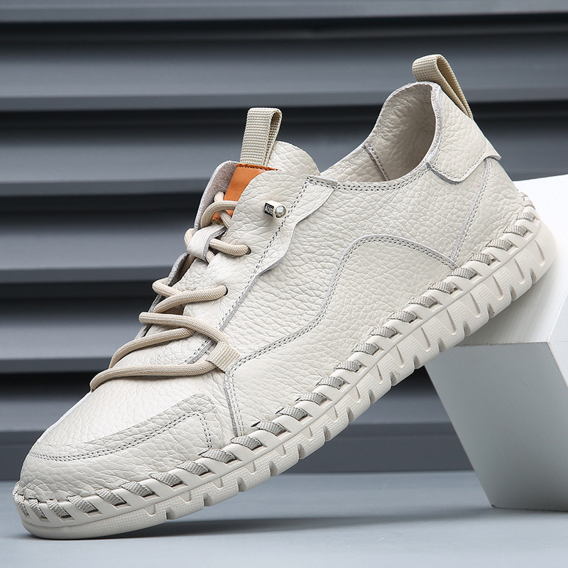 2025新款头层牛皮男士小皮鞋透气吸汗软底豆豆鞋无胶水手工缝包鞋