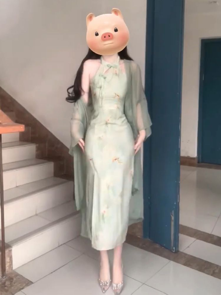 改良旗袍复古挂脖连衣裙2025夏女气质优雅显瘦超仙新中式国风套装