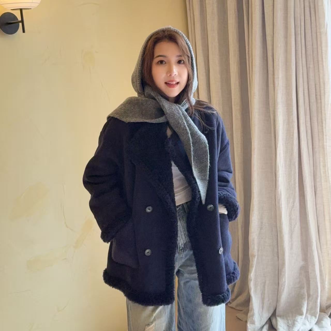 海宁秋冬新款羊毛短外套女装韩版中长款休闲风纯色百搭