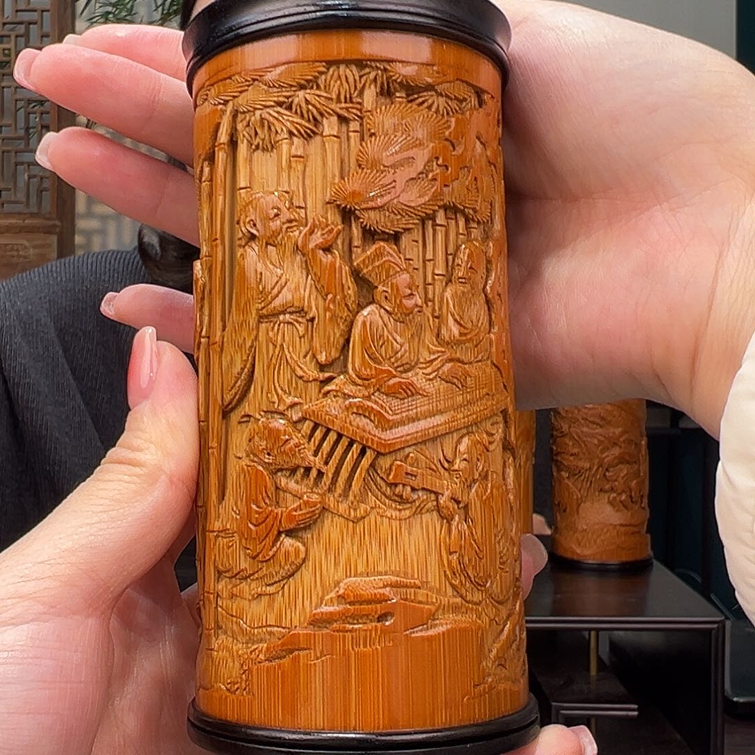 竹竹雕竹林七贤茶叶罐