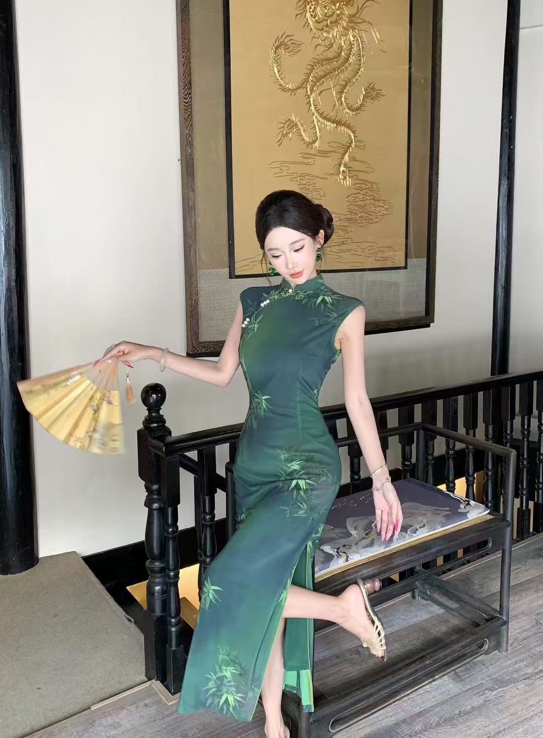 风华《雨林竹》新中式改良绿色无袖旗袍夏季中国风日常优雅气质