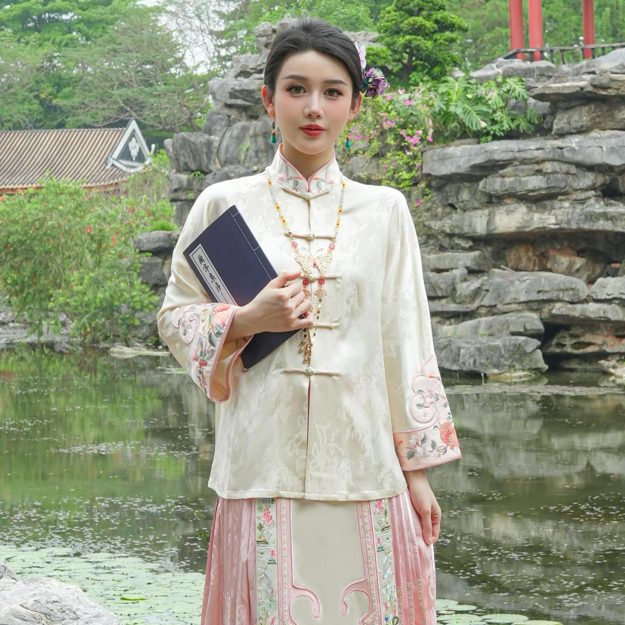 [青阳1]新款网红新中式国风小立领外套提花上衣重工刺绣衬衫