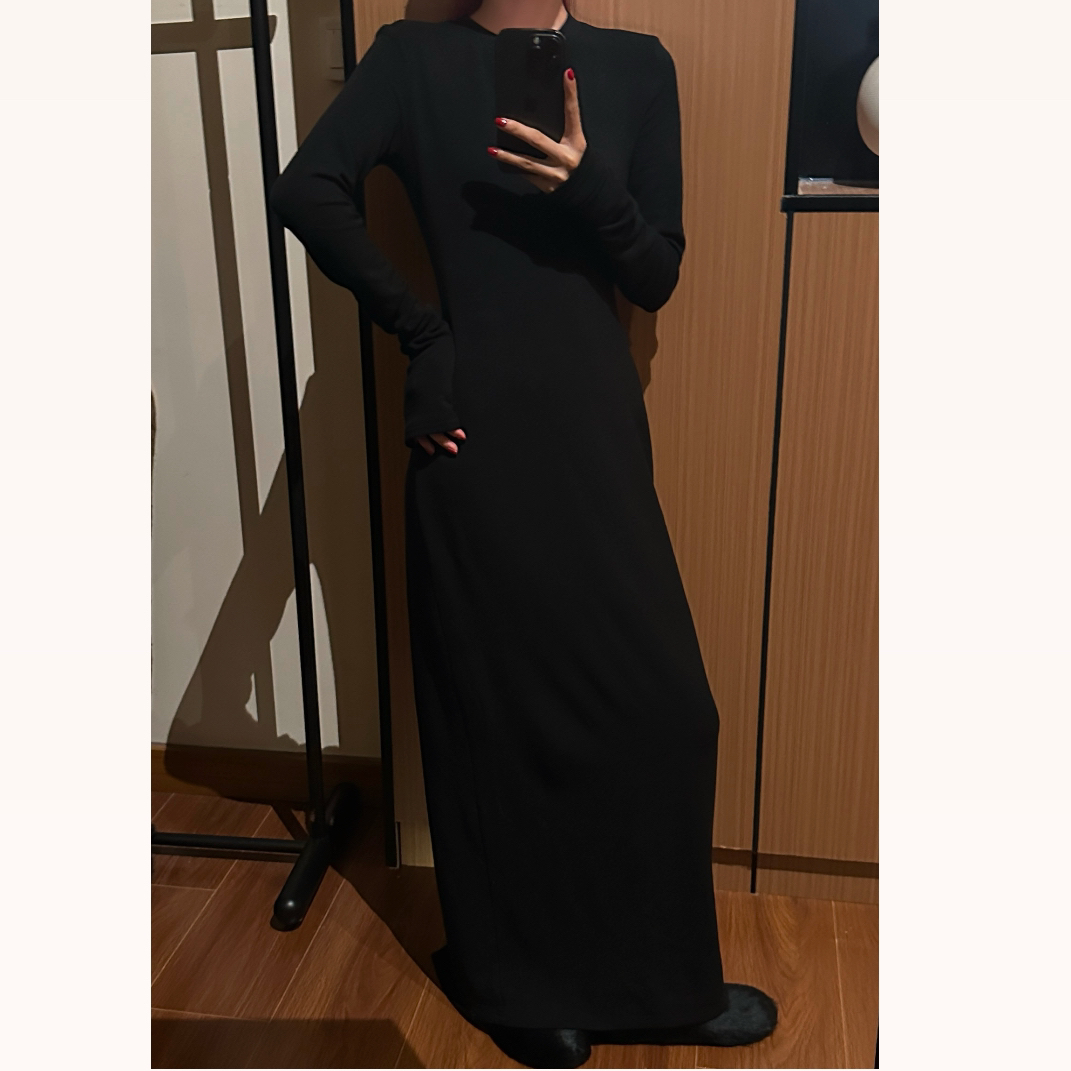 【一只鱼】y3016冬季显瘦打底连衣裙内里磨毛后开叉垂感拖地长裙女