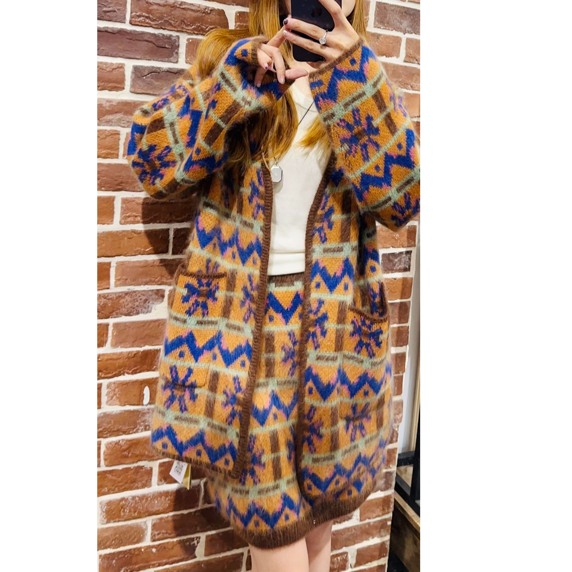 【顶嘉嘉羊绒】256094-100山羊绒拉绒高级感复古菱格针织开衫外套