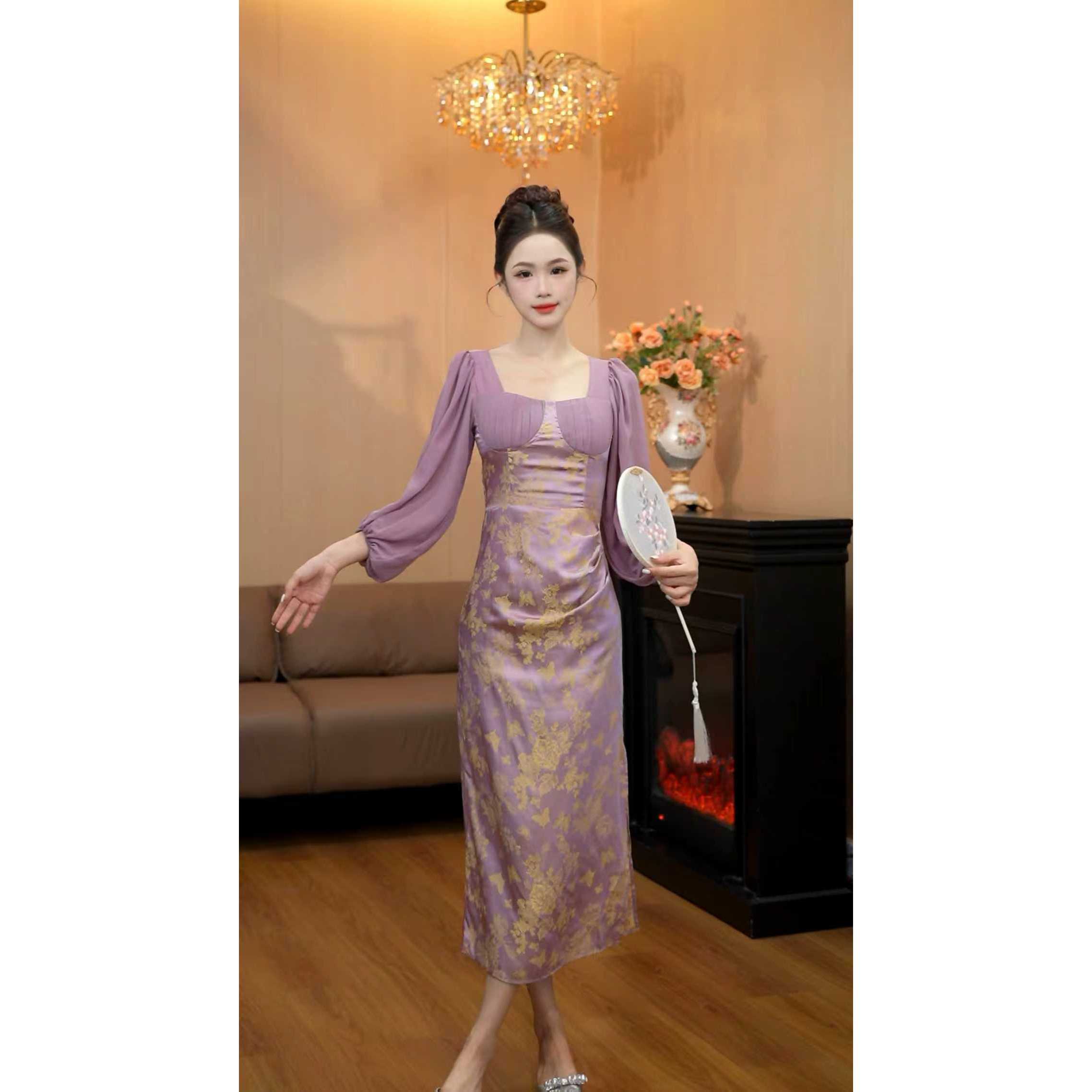 6217【花海霞光】紫色复古蝴蝶印花小众设计感御姐风连衣裙QH