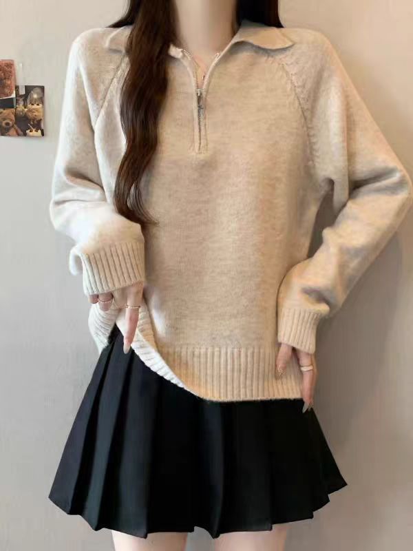 2025韩系慵懒风半拉炼polo翻领毛衣女秋冬季加厚百搭针织衫上衣