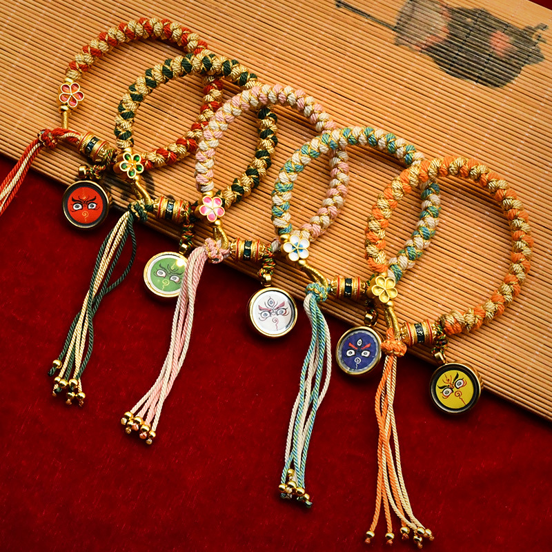 铜合金亚克力手链 藏式五路财神眼手绳龙鳞结编织立体新古风手链