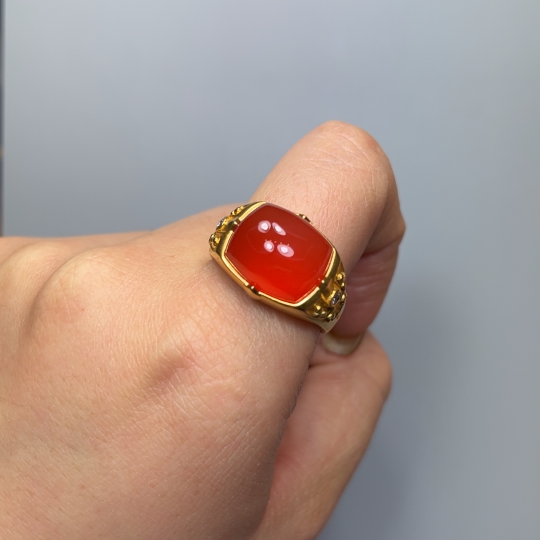 南红玛瑙冰红戒指小庄18K金镶嵌