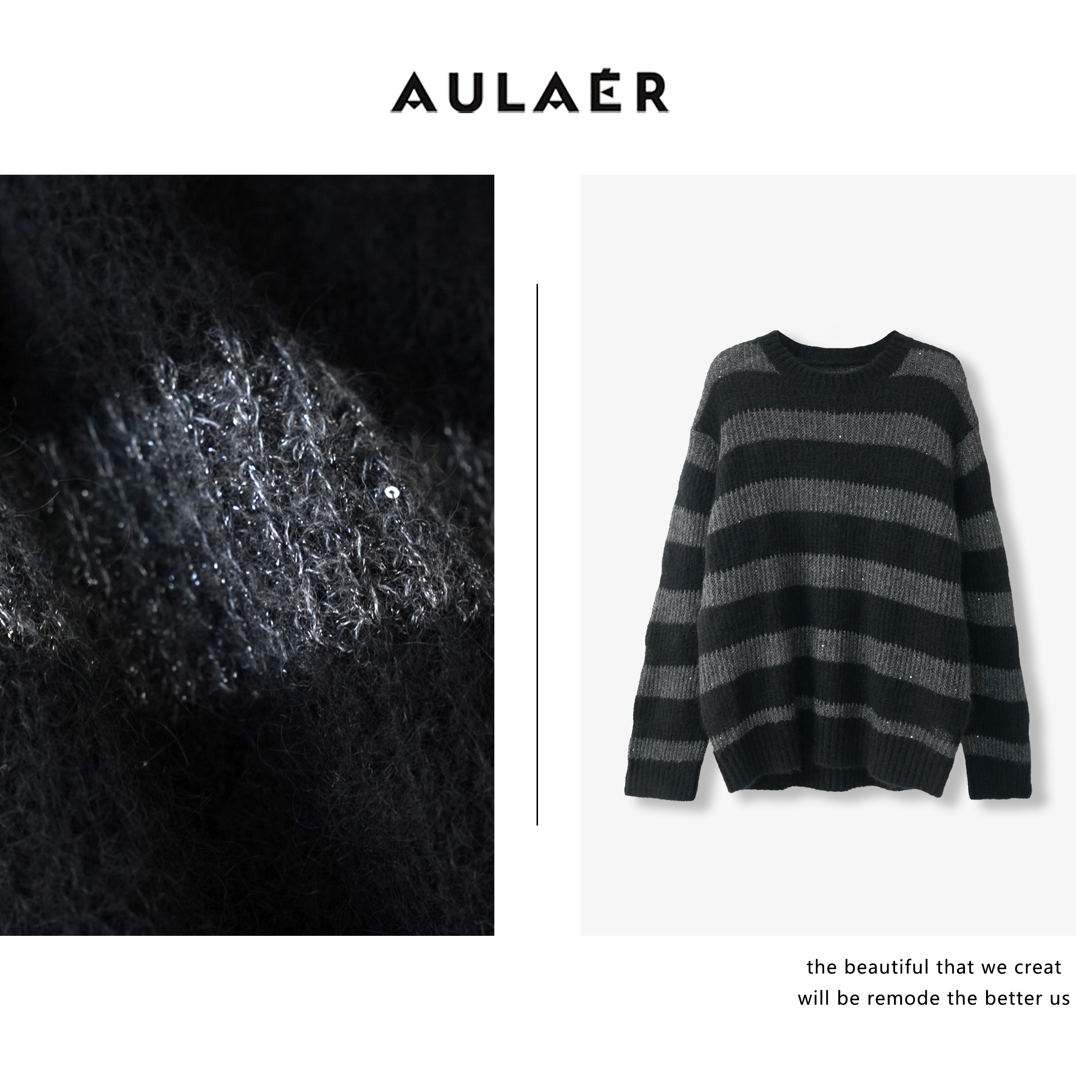 AULAER/澳拉尔【叶可可】高级感山羊绒绵羊毛条纹针织衫ALE261803
