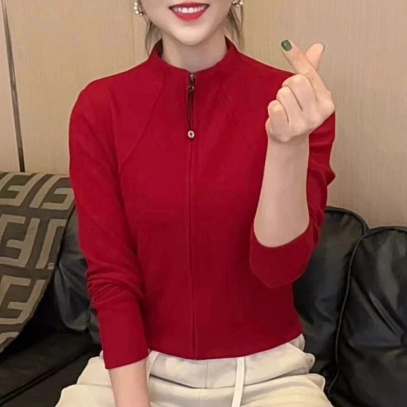 红红火火新年红双面绒长袖t恤女双拉链开衫新款保暖上衣A