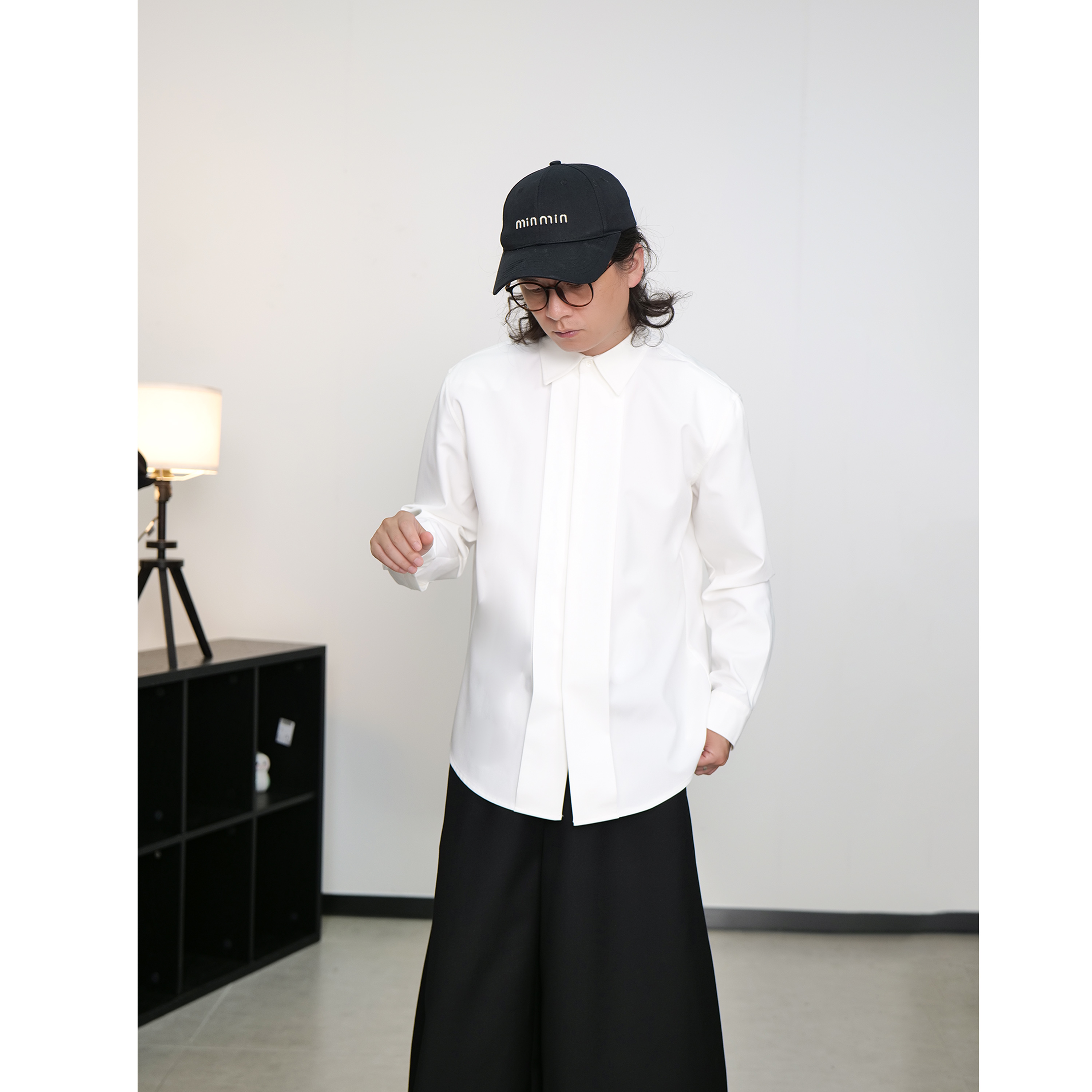 礼服款折边垫肩长袖衬衫男女秋款时尚小众阔版宽松衬衣CY257-1