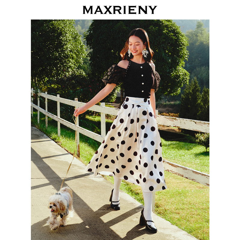 【老板娘天】甜美少女感波点A字高腰半身裙褶皱高腰半裙