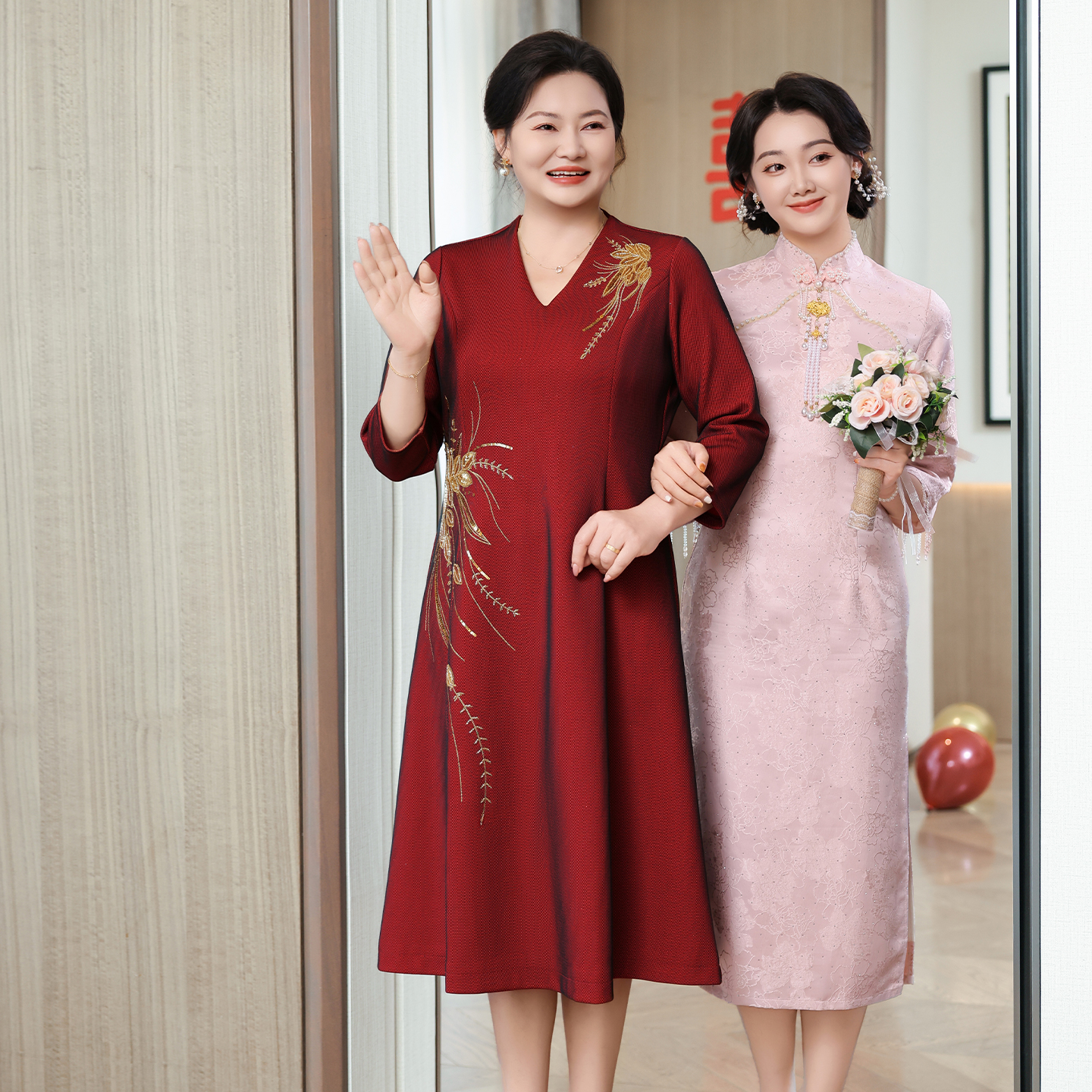 洋气喜妈妈轻奢高级感婚宴礼服连衣裙喜婆婆衣服敬酒服FX36-2589