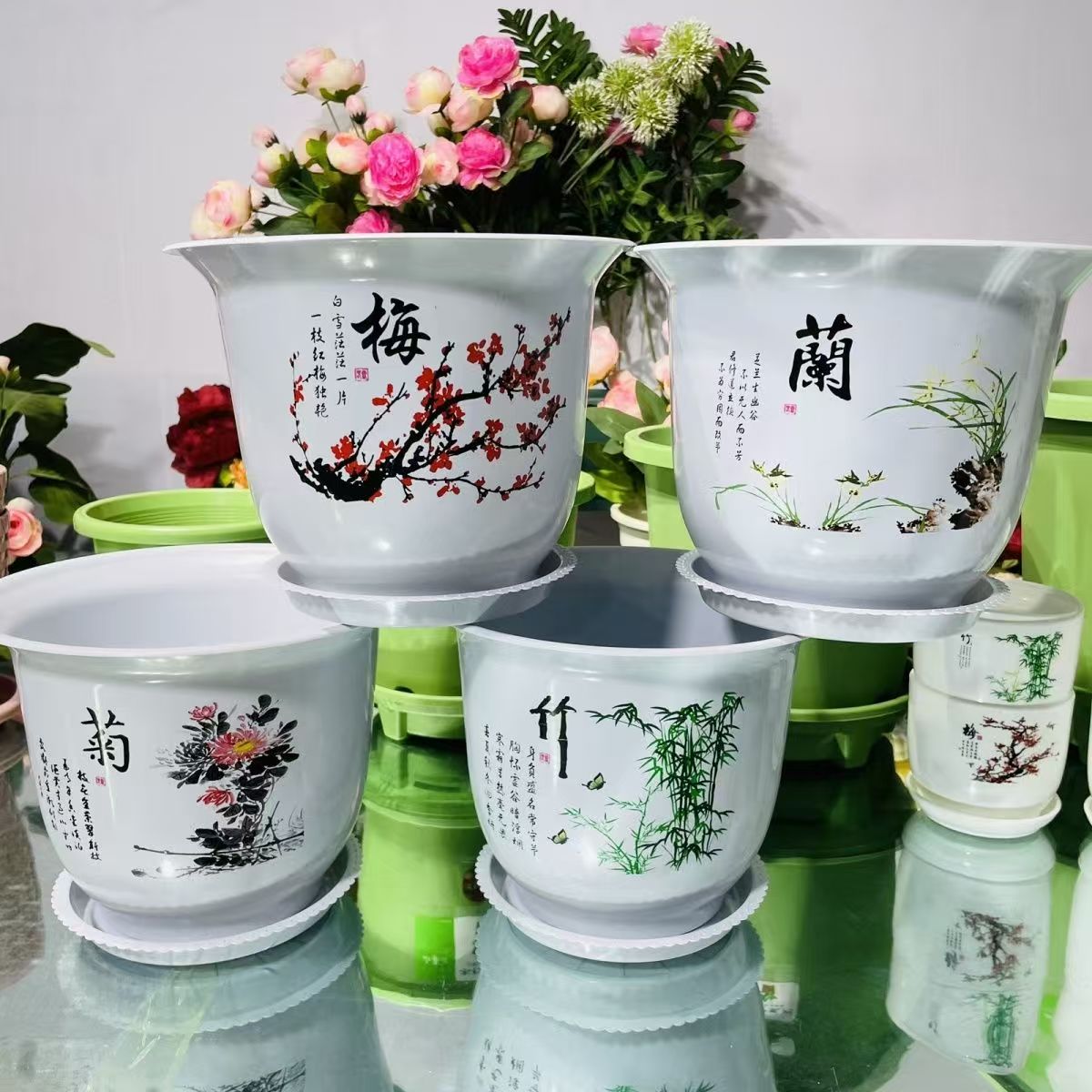 【发4个】仿陶瓷树脂花盆绿萝多肉专用23cm口径梅兰竹菊