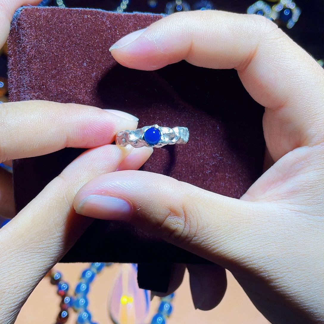 蓝珀裸石银S925镶嵌多米尼加净水戒指
