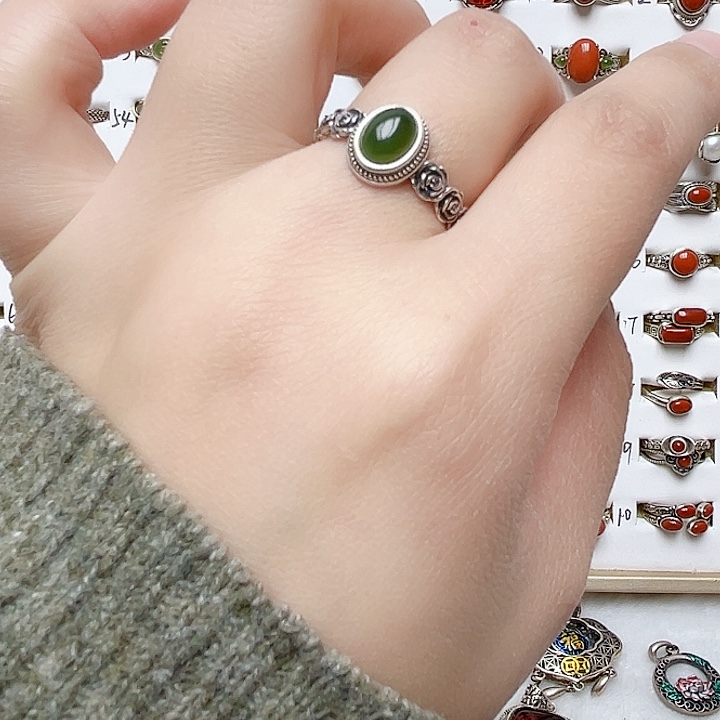 和田玉戒指银S925镶嵌天然