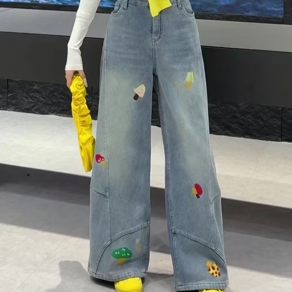 LL琳加绒卡通图案阔腿牛仔裤欧洲站宽松百搭设计感减龄长裤2922