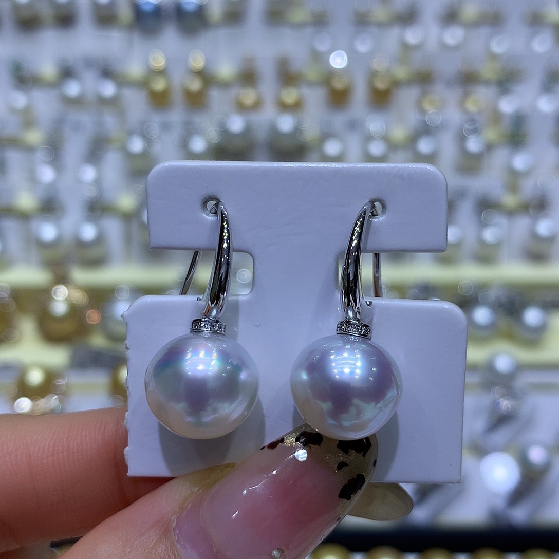 海水珍珠耳饰18K金镶嵌12/13mm澳白