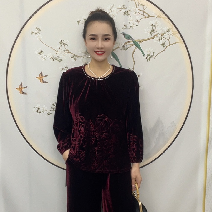 6331秋季新款长袖丝绒烧花宽松显瘦妈妈上衣裤子套装秋冬