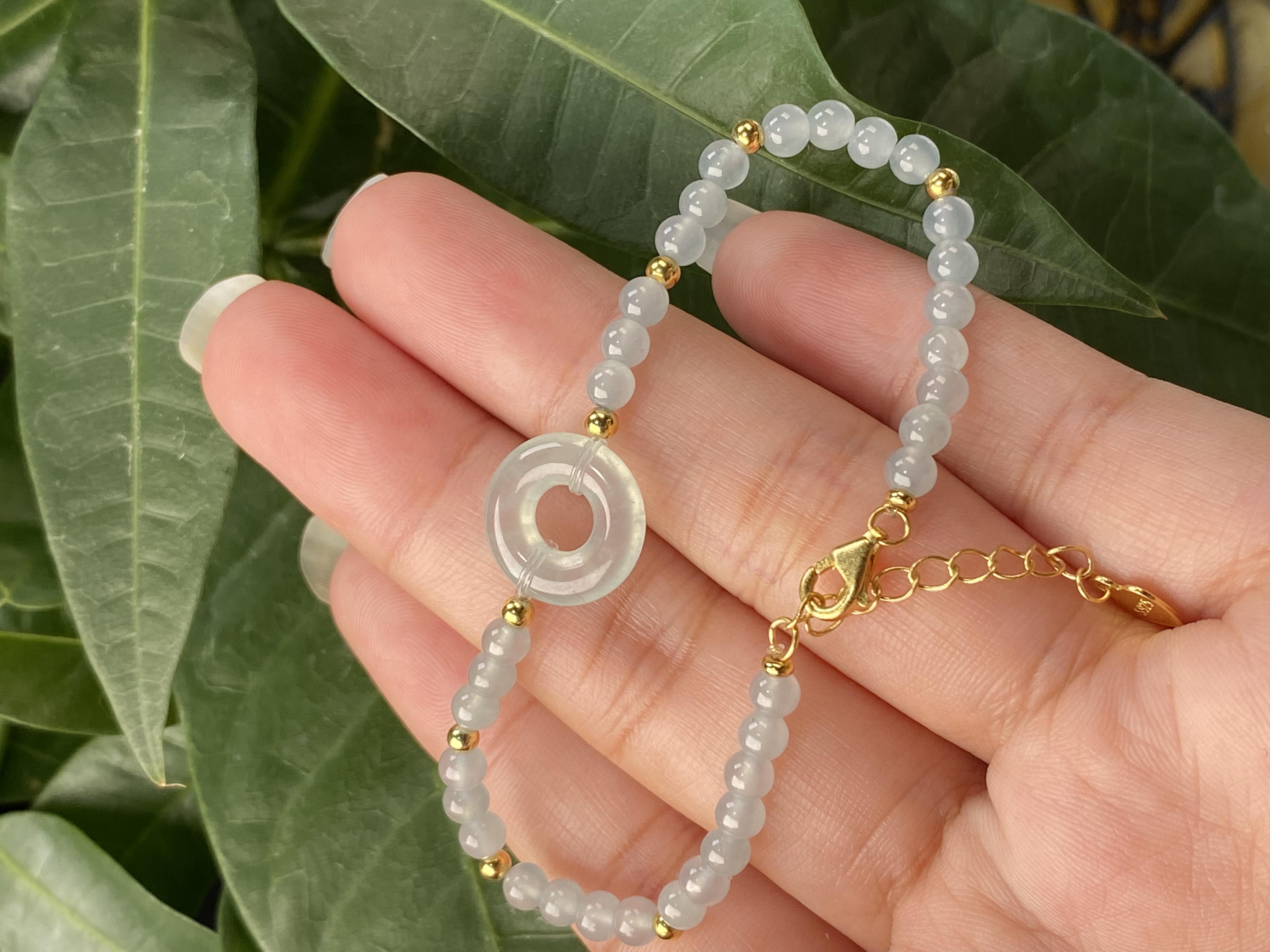 纯天然A货翡翠高冰甜甜圈手链清新百搭diy小米珠小红书爆款 