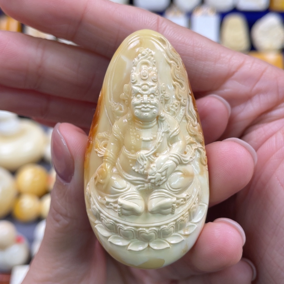 蜜蜡裸石未镶嵌琥珀蜜蜡黄财神吊坠