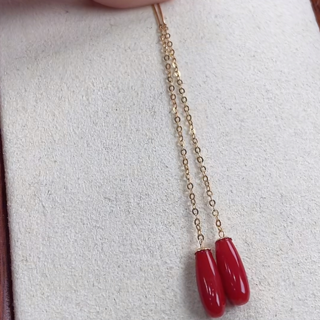 天然红珊瑚科西卡耳线金镶嵌耳坠