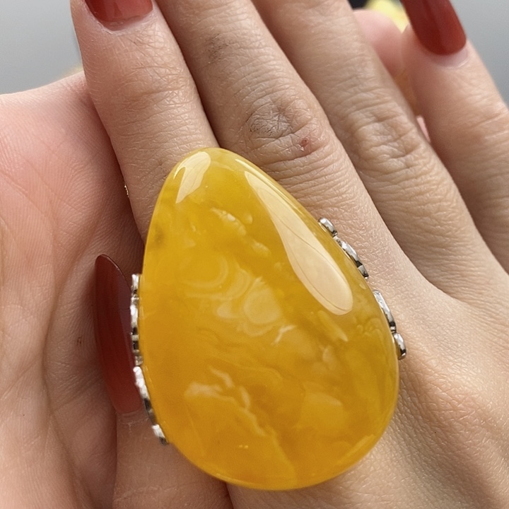 琥珀戒指银S925镶嵌戒指