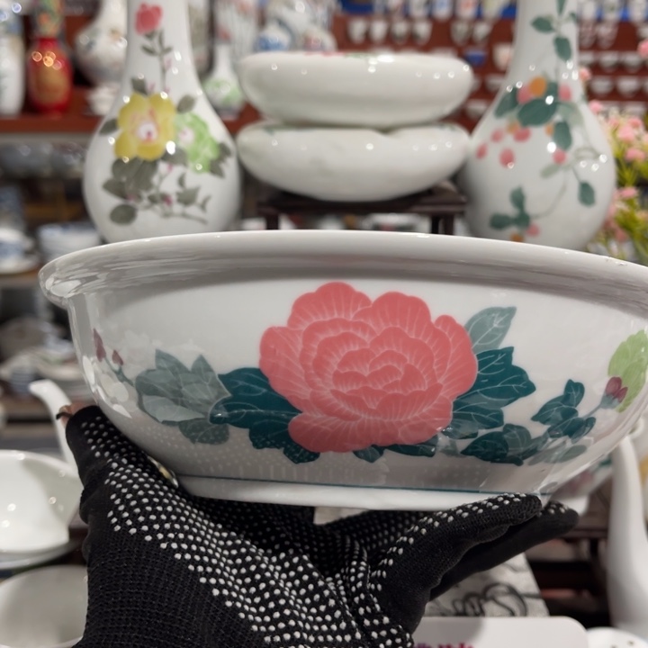 陶瓷醴陵群力釉下五彩汤碗21.5厘米