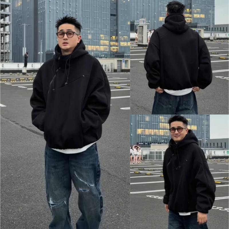 XDZZ二狗  秋季男士百搭纯色宽松加厚外套 潮流痞帅时尚连帽卫衣