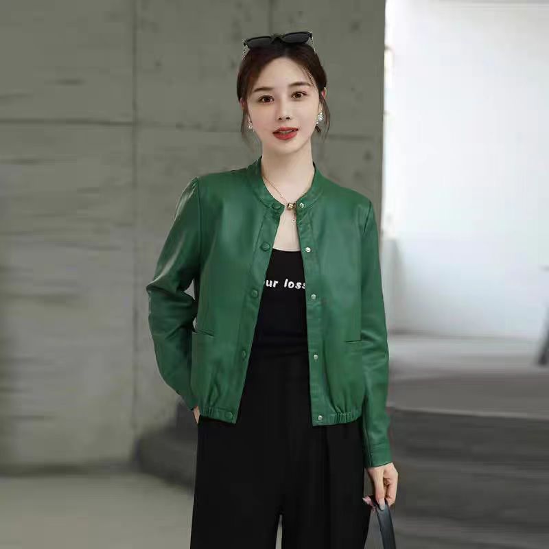 【加棉加厚】海宁短款皮衣女2025秋冬季皮夹克圆领休闲小个子短外套