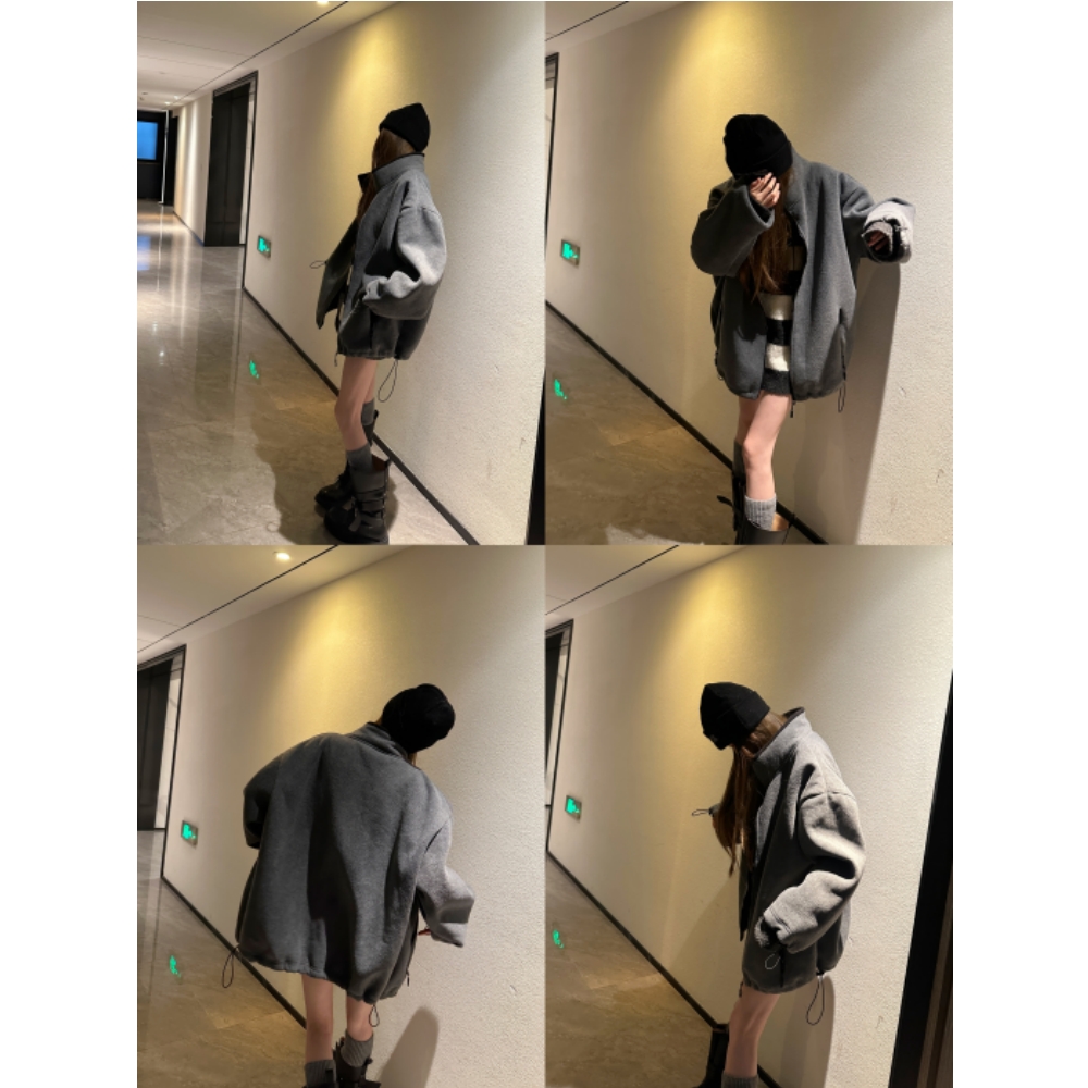 盐系加厚双面摇粒绒灰色宽松立领长袖拉链卫衣外套女