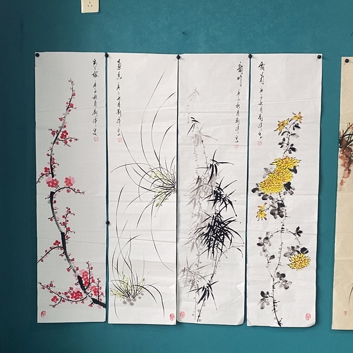 国画刘峰老师手绘梅兰竹菊四条屏