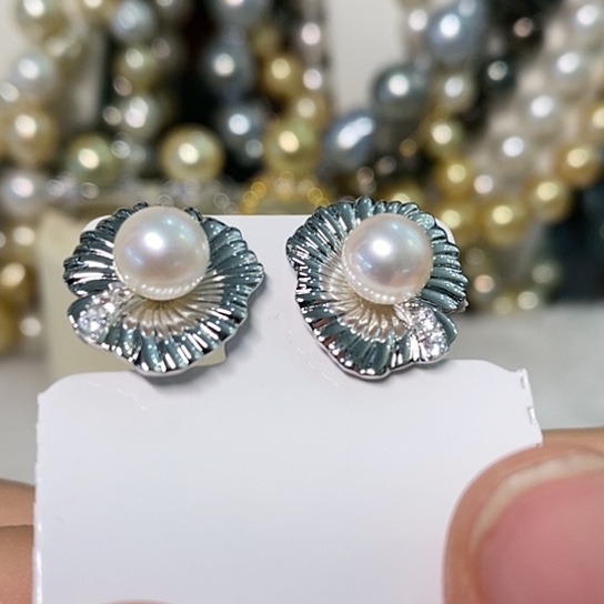 海水珍珠耳饰银S925镶嵌7-8
