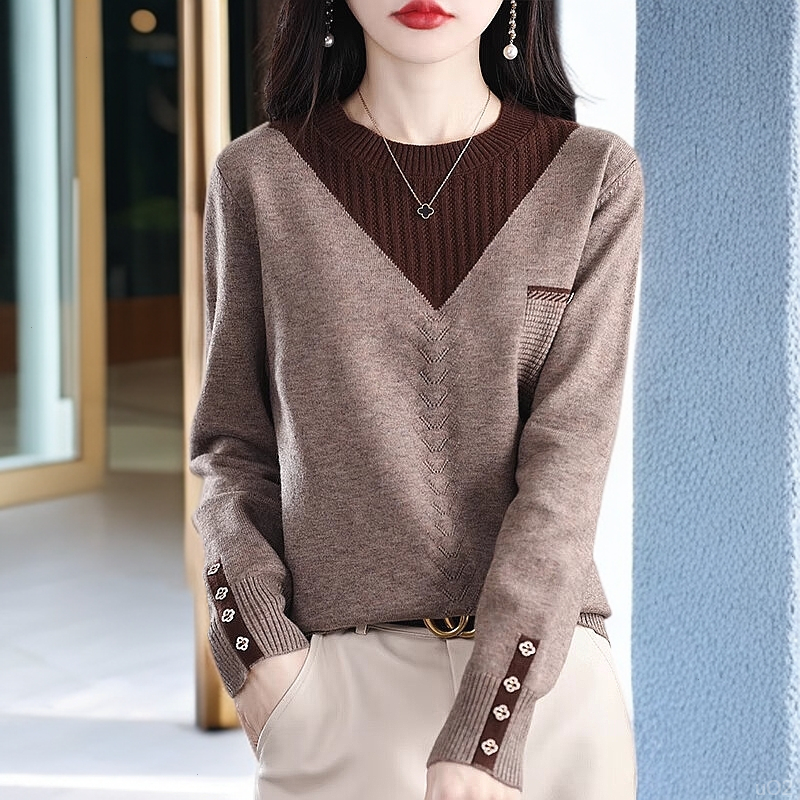 洋气时尚撞色假两件针织衫秋季新款女装POLO领宽松长袖打底毛衣潮