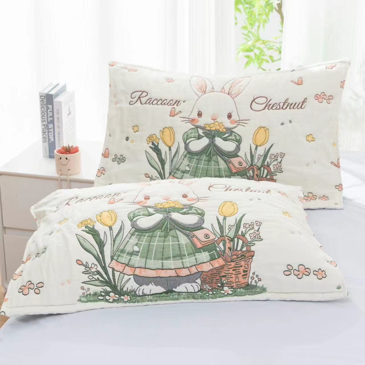 【鲜花小兔】52×78泡芙纱布枕巾一对装成人卡通柔软