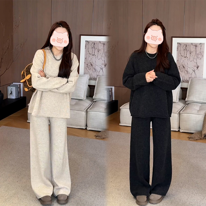 冬季新款法式简约百搭纯色套头长袖毛衣时尚显瘦休闲裤针织两件套