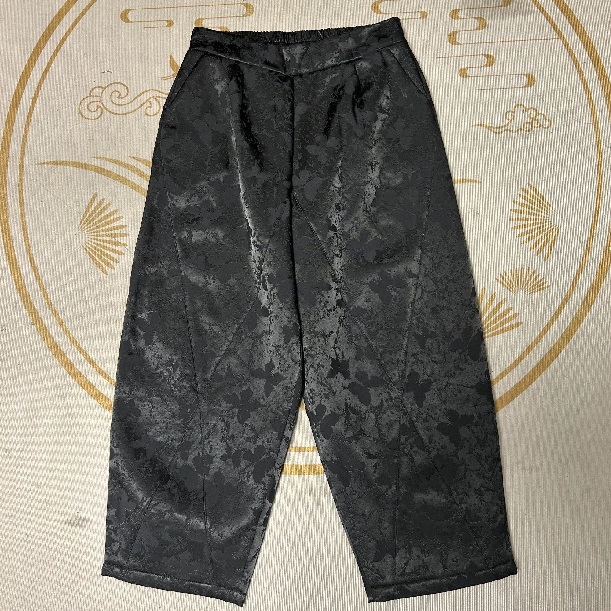 新中式加棉裤子百搭国风提花冬季松紧腰哈伦复古宽松