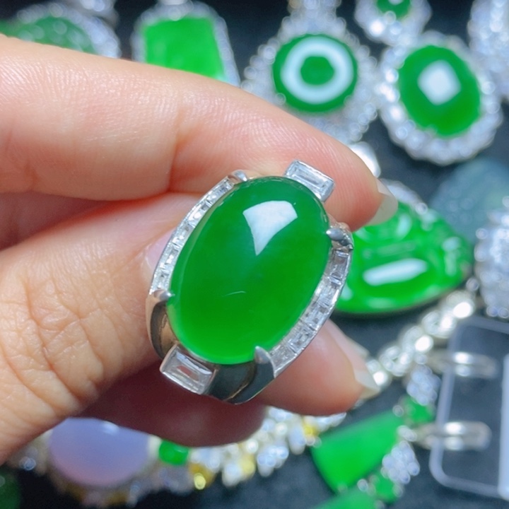 翡翠银S925镶嵌挂件蛋面男戒